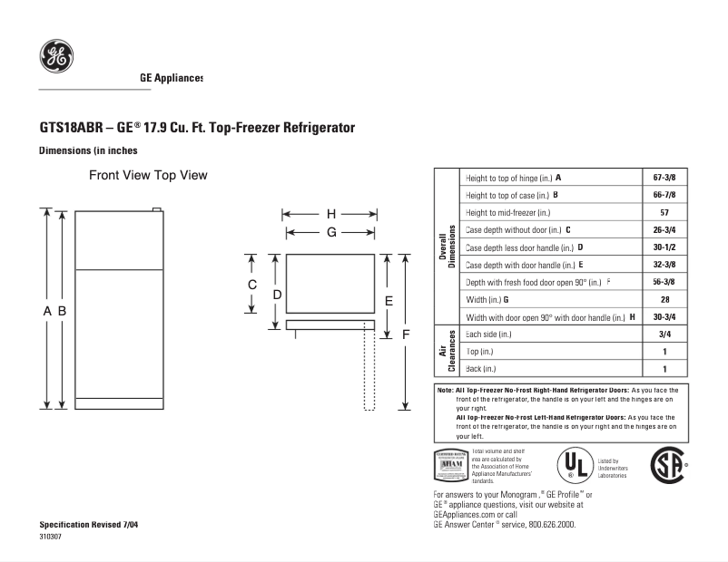 Page 1 de la notice Fiche technique GE GTS18ABRRWW