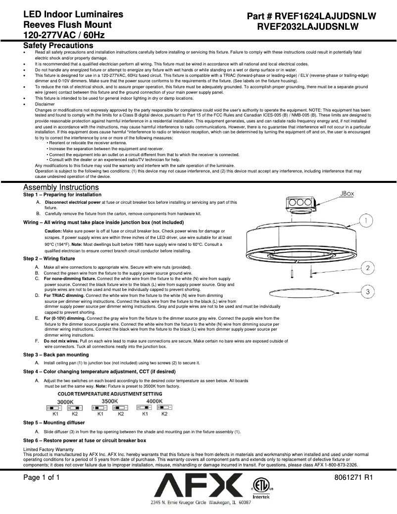 Page n°1 - Manuel utilisateur AFX Reeves RVEF1624LAJUDSNLW
