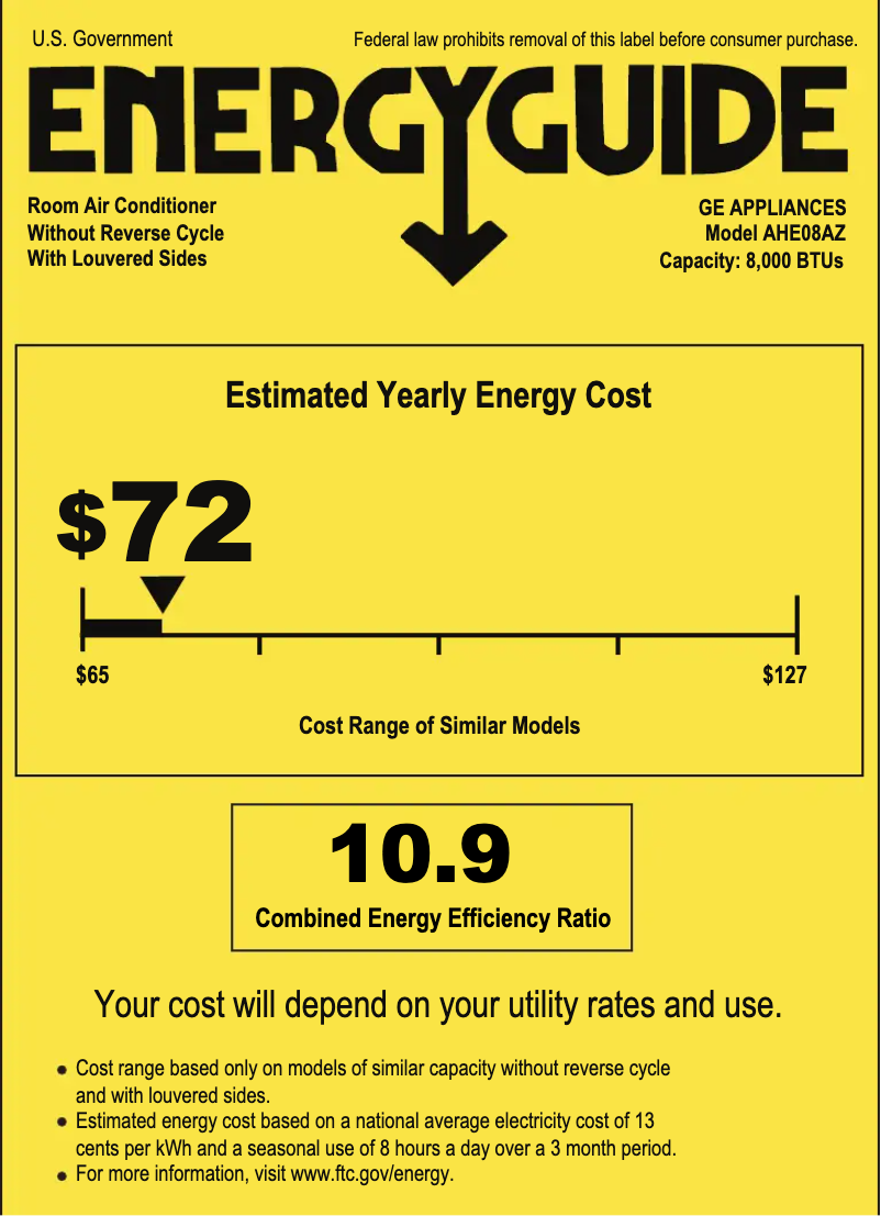 Page 1 de la notice Label énergétique GE AHE08AZ