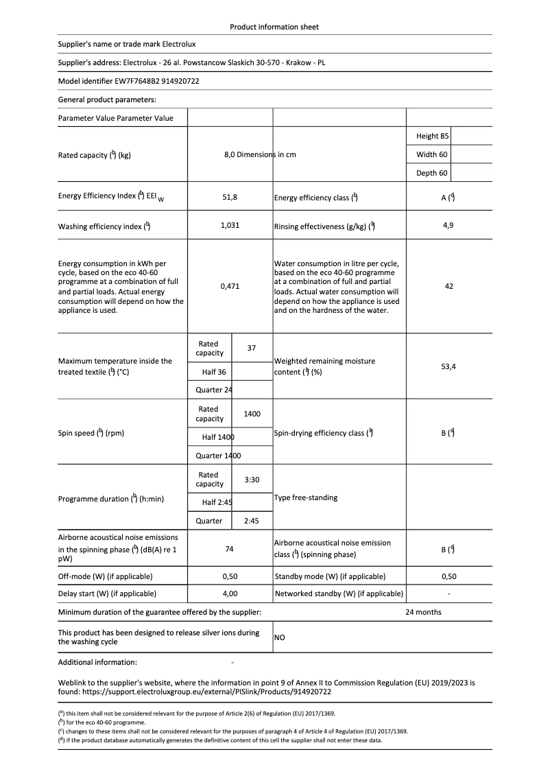 Page n°1 - Fiche technique Electrolux EW7F7648B2