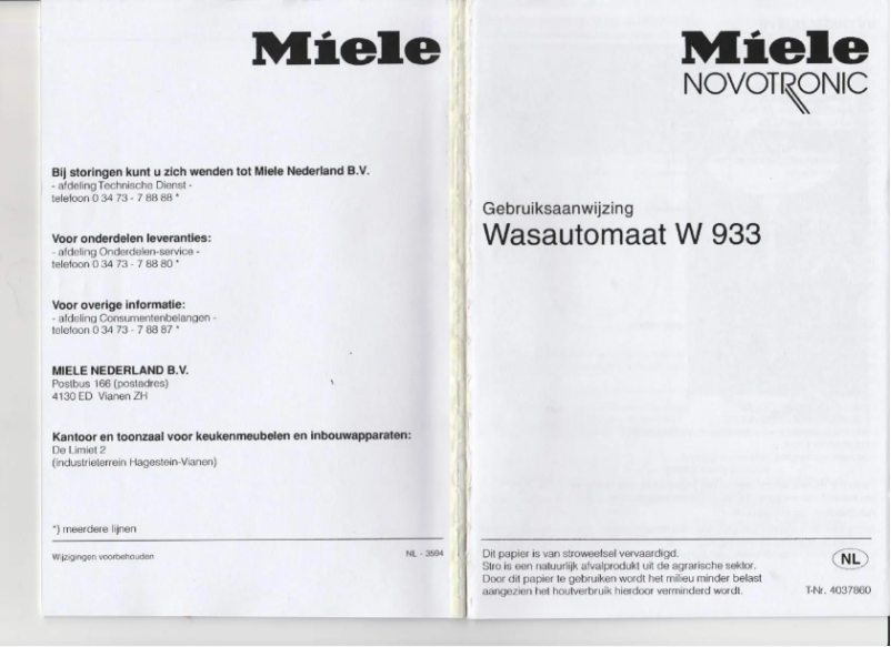Page n°1 - Manuel utilisateur Miele W 933 Novotronic