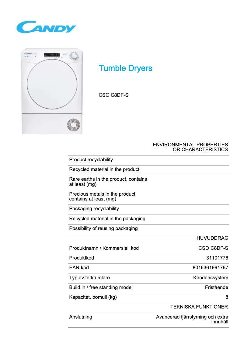 Page 1 de la notice Fiche technique Candy CSO C8DF-S
