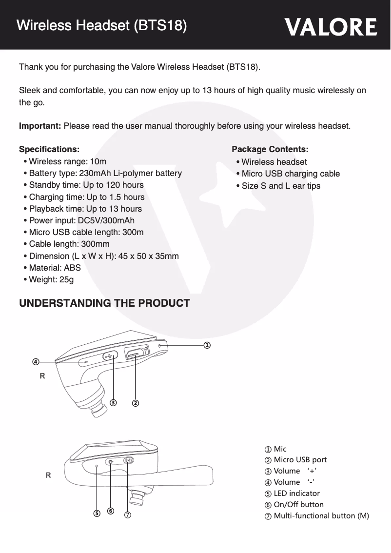 Page 1 de la notice Manuel utilisateur Valore BTS18