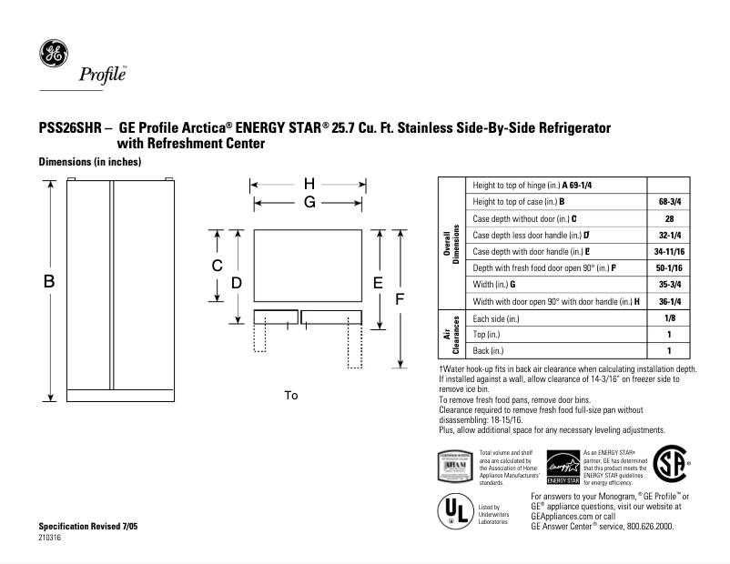 Page 1 de la notice Fiche technique GE Profile PSS26SHRSS
