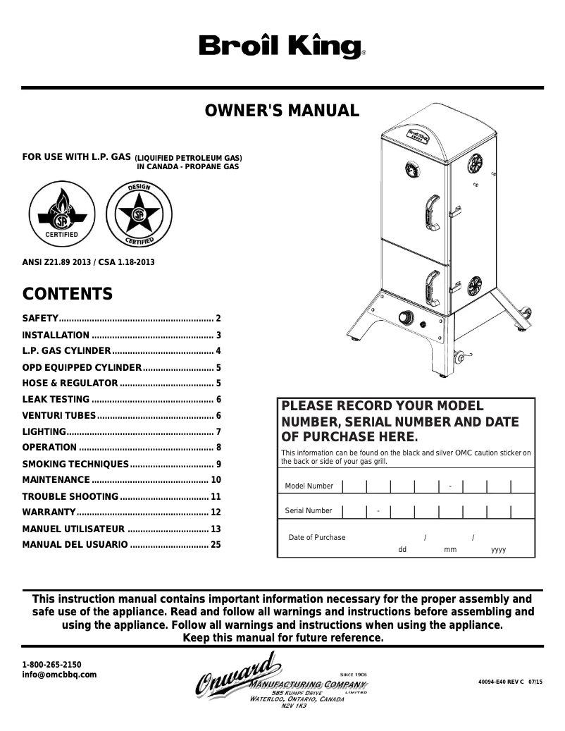 Image de la première page du manuel de l'appareil Smoke Vertical Propane Smoker