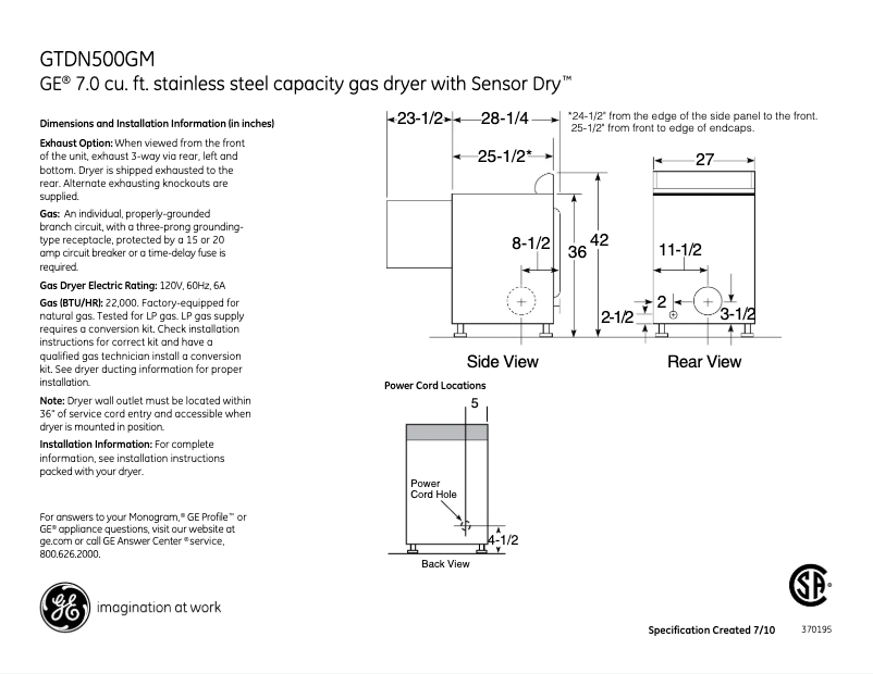 Page n°1 - Fiche technique GE GTDN500GMWS