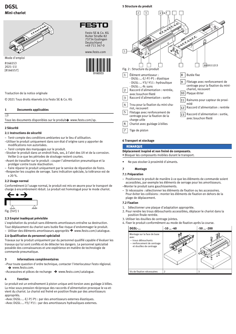 Page 1 de la notice Manuel utilisateur Festo DGSL-25-200-Y3A