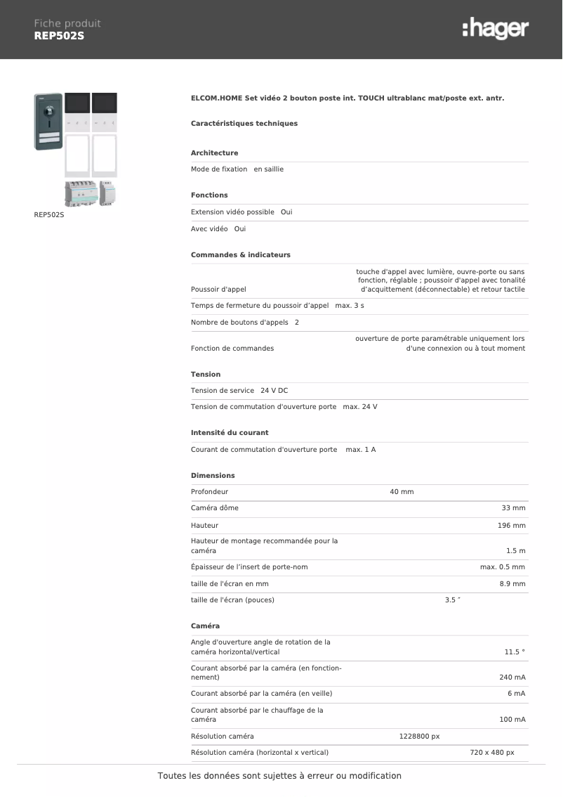 Page 1 de la notice Fiche technique Hager REP502S