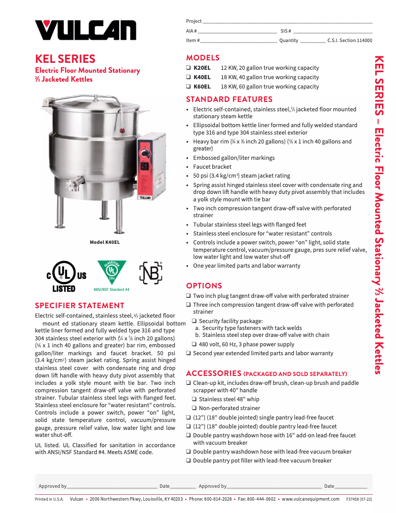 Page 1 de la notice Fiche technique Vulcan K20EL