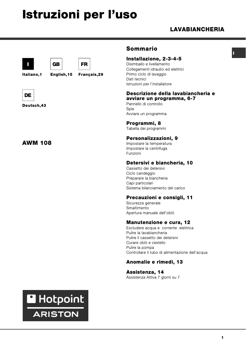 Page n°1 - Manuel utilisateur Hotpoint Ariston AWM 108 EU.N