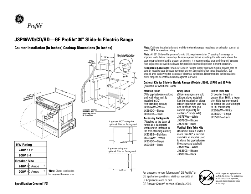 Page n°1 - Fiche technique GE Profile JSP46CDCC