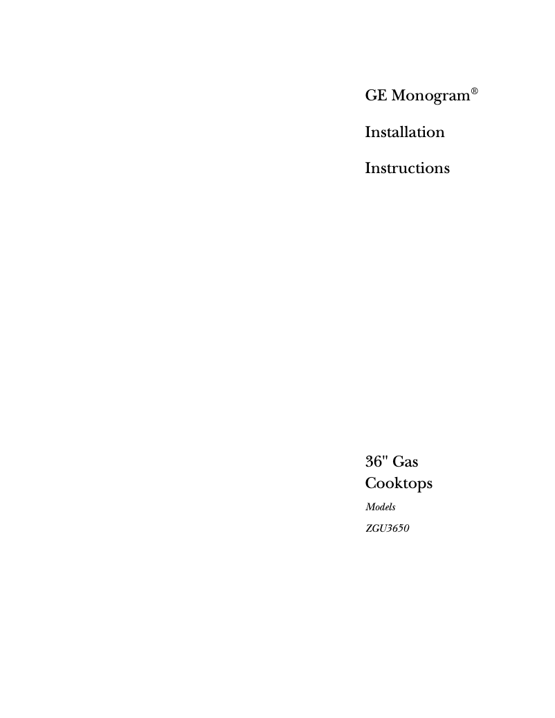 Page 1 of the manual Installation Guide GE ZGU3650BBBG