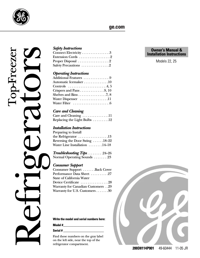 Page 1 de la notice Guide d'installation GE GTS22WCPCC