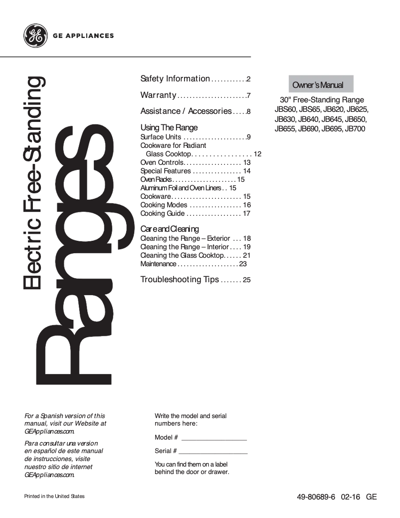 First page image of the manual for JB645EKES