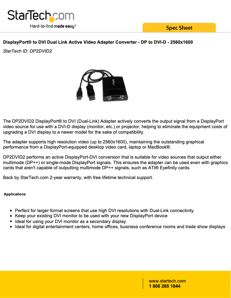 Page 1 de la notice Fiche technique StarTech.com DP2DVID2