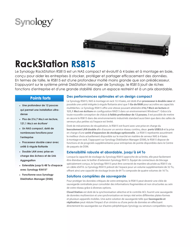 Image de la première page du manuel de l'appareil RackStation RS815+