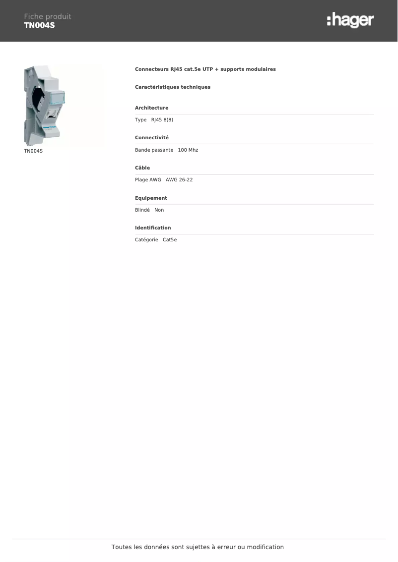 Page 1 de la notice Fiche technique Hager TN004S