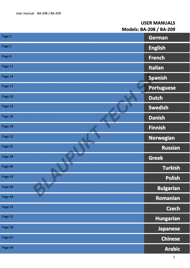 Page 1 de la notice Manuel utilisateur Blaupunkt BA-209