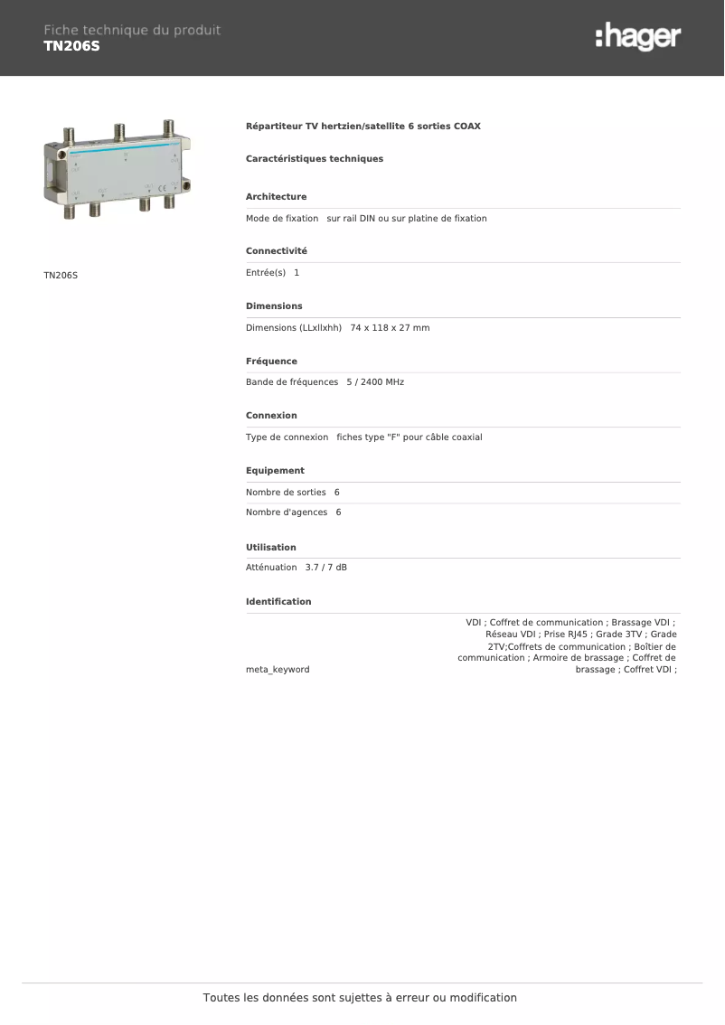 Page 1 de la notice Fiche technique Hager TN206S