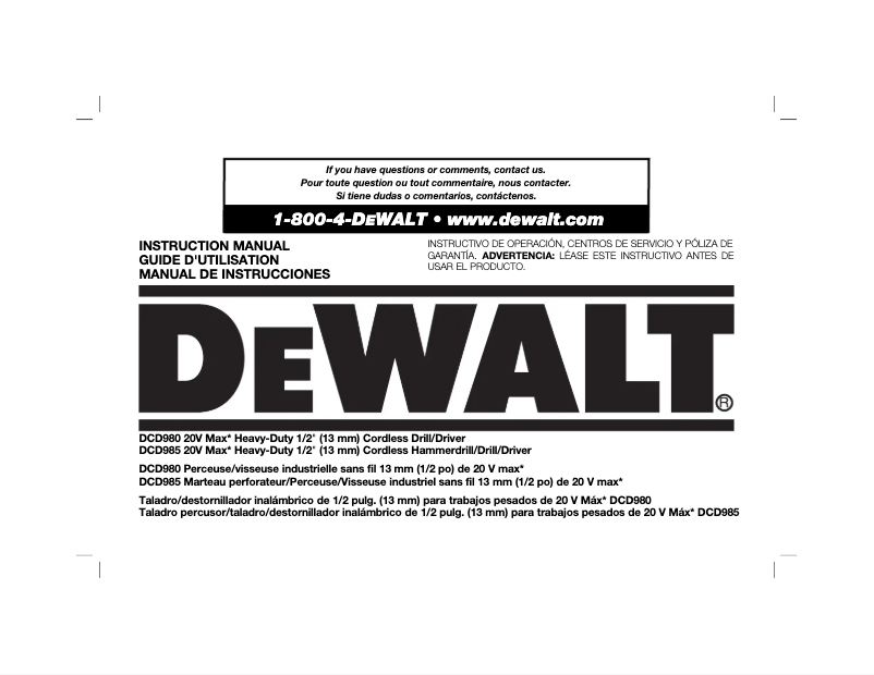 Page 1 de la notice Manuel d'utilisation et d'entretien DeWalt DCD985