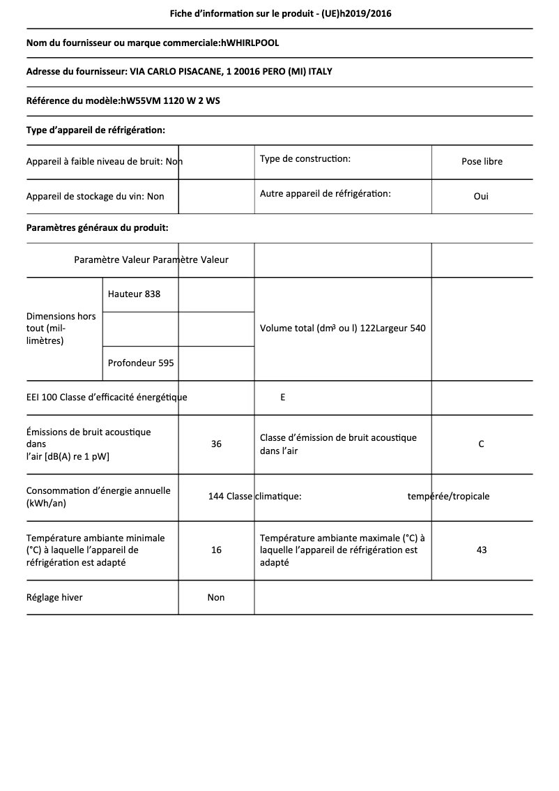 Page 1 de la notice Fiche technique Whirlpool W55VM 1120 W 2 WS