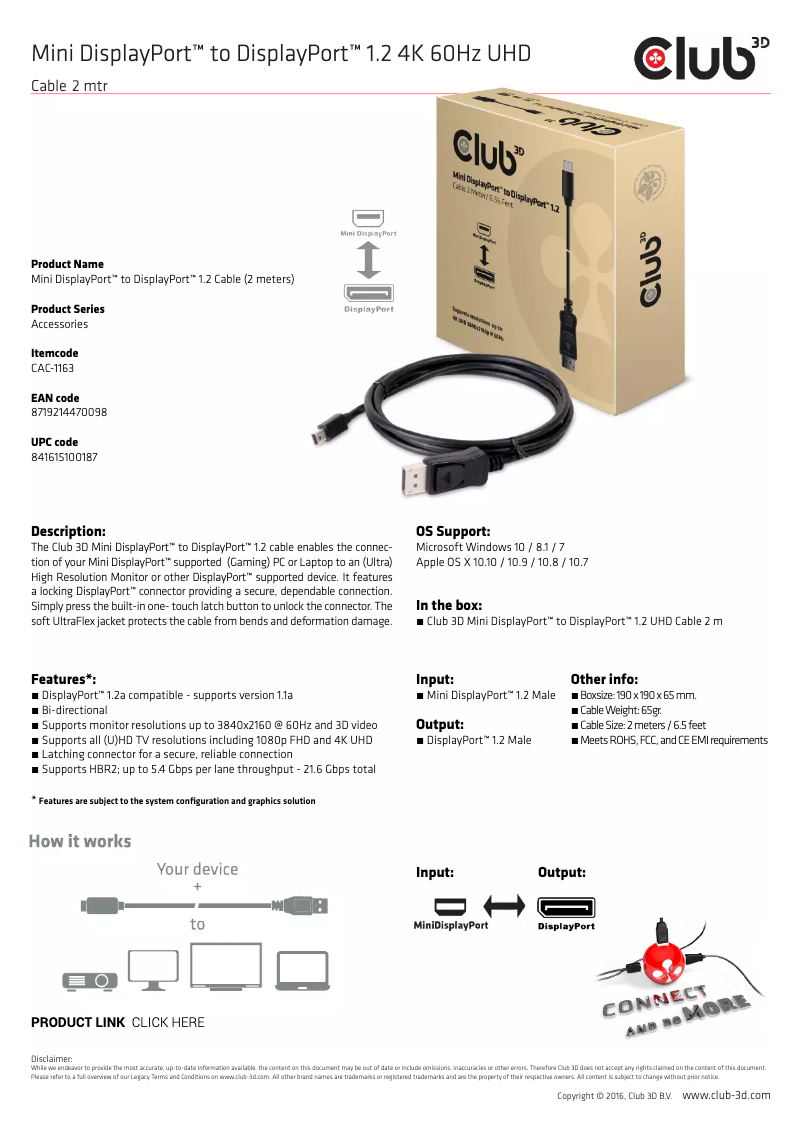 Page 1 de la notice Manuel utilisateur CLUB3D Mini DisplayPort to DisplayPort Cable 2m