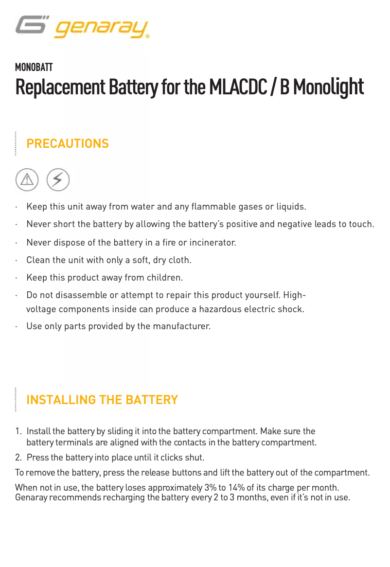 Page 1 de la notice Manuel utilisateur Genaray MONOBATT