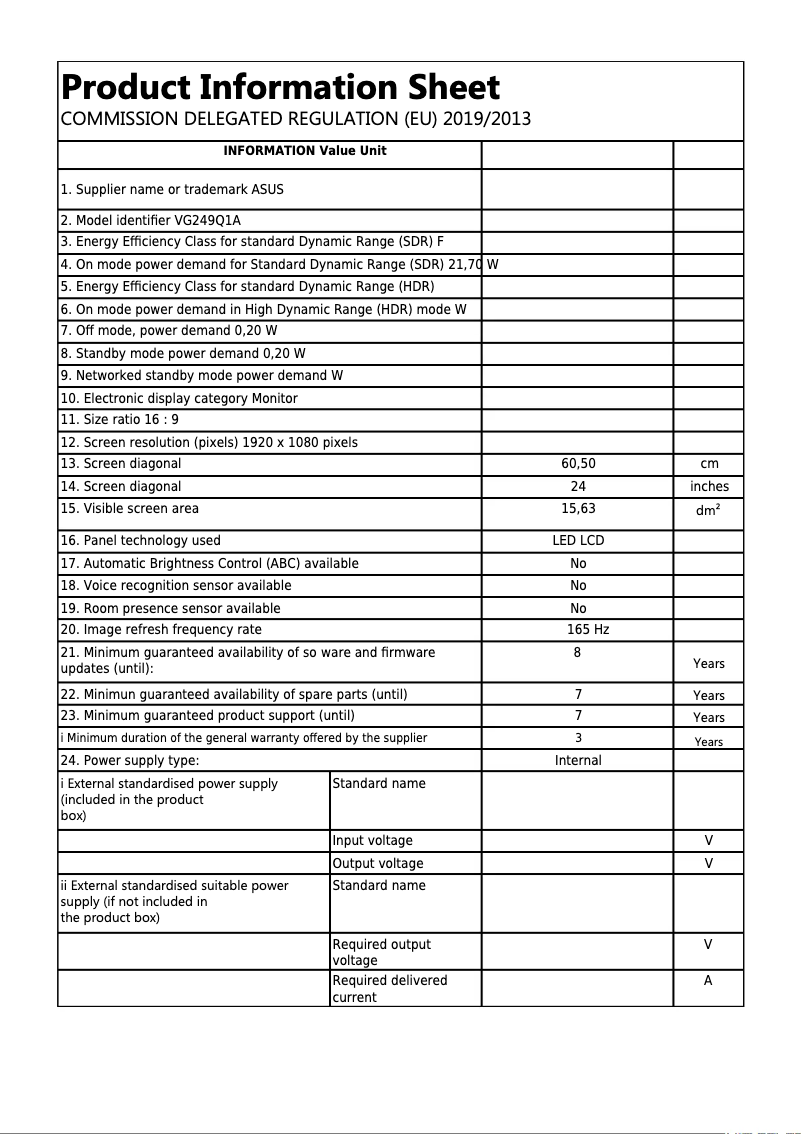 Page n°1 - Fiche technique Asus TUF Gaming VG249Q1A