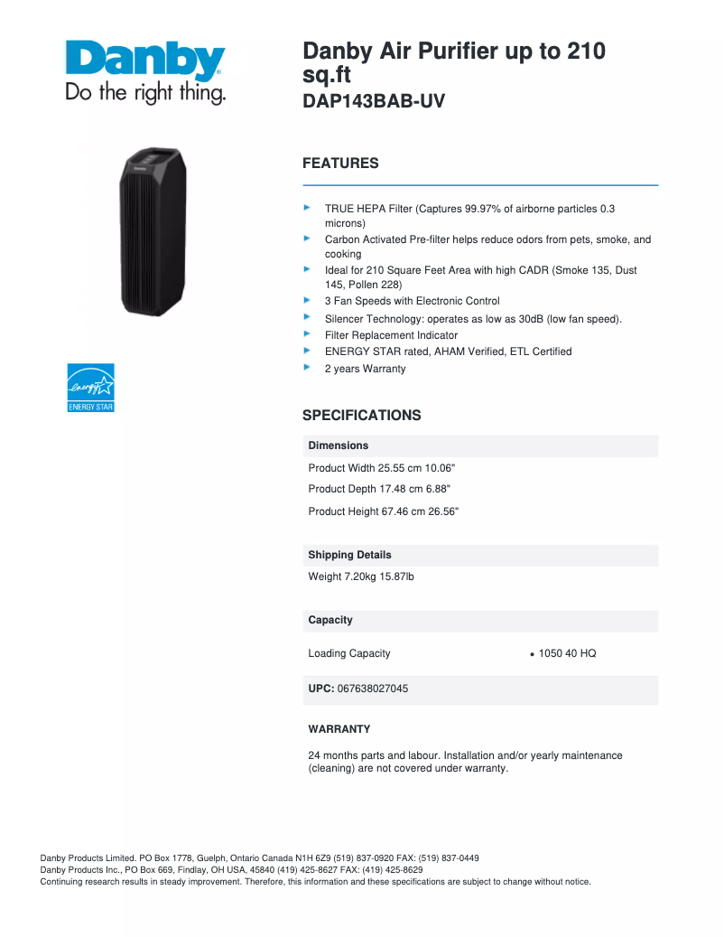 Página 1 del manual Ficha técnica Danby DAP143BAB-UV