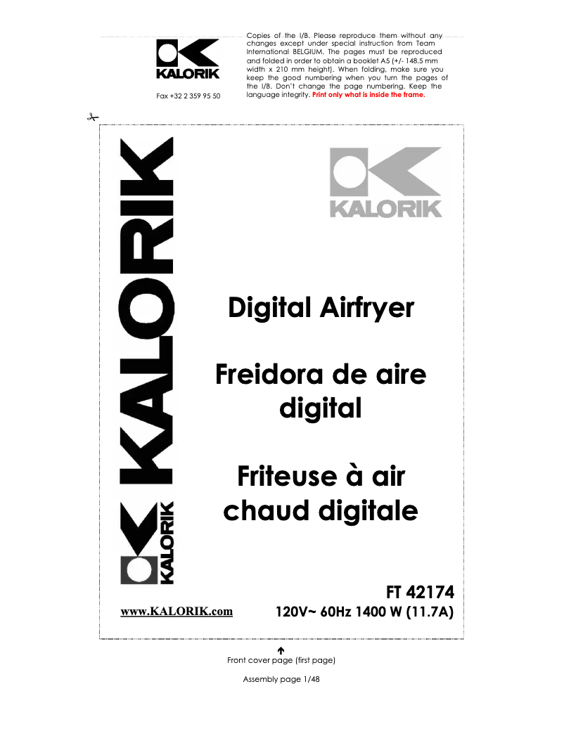 Page 1 de la notice Manuel utilisateur Kalorik FT 42174