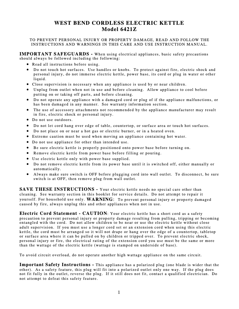 Page 1 de la notice Manuel utilisateur WestBend 6421