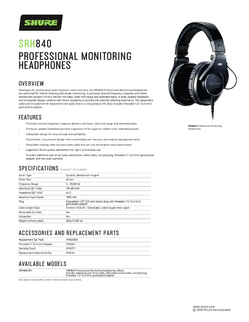 Página 1 del manual Ficha técnica Shure SRH840