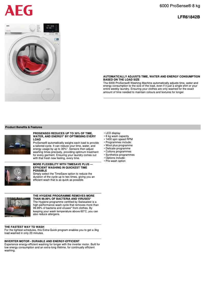 Page 1 de la notice Fiche technique AEG LFR61842B