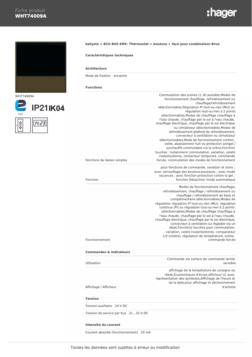 Page n°1 - Fiche technique Hager WHT74009A