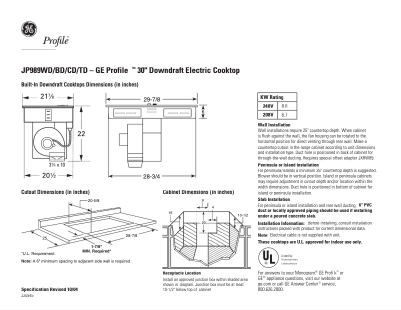 Página 1 del manual Ficha técnica GE Profile JP989BDBB