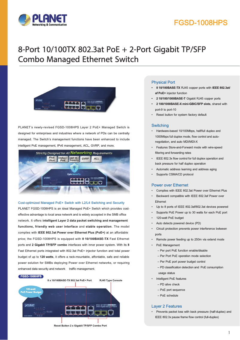 Page n°1 - Fiche technique Planet FGSD-1008HPS