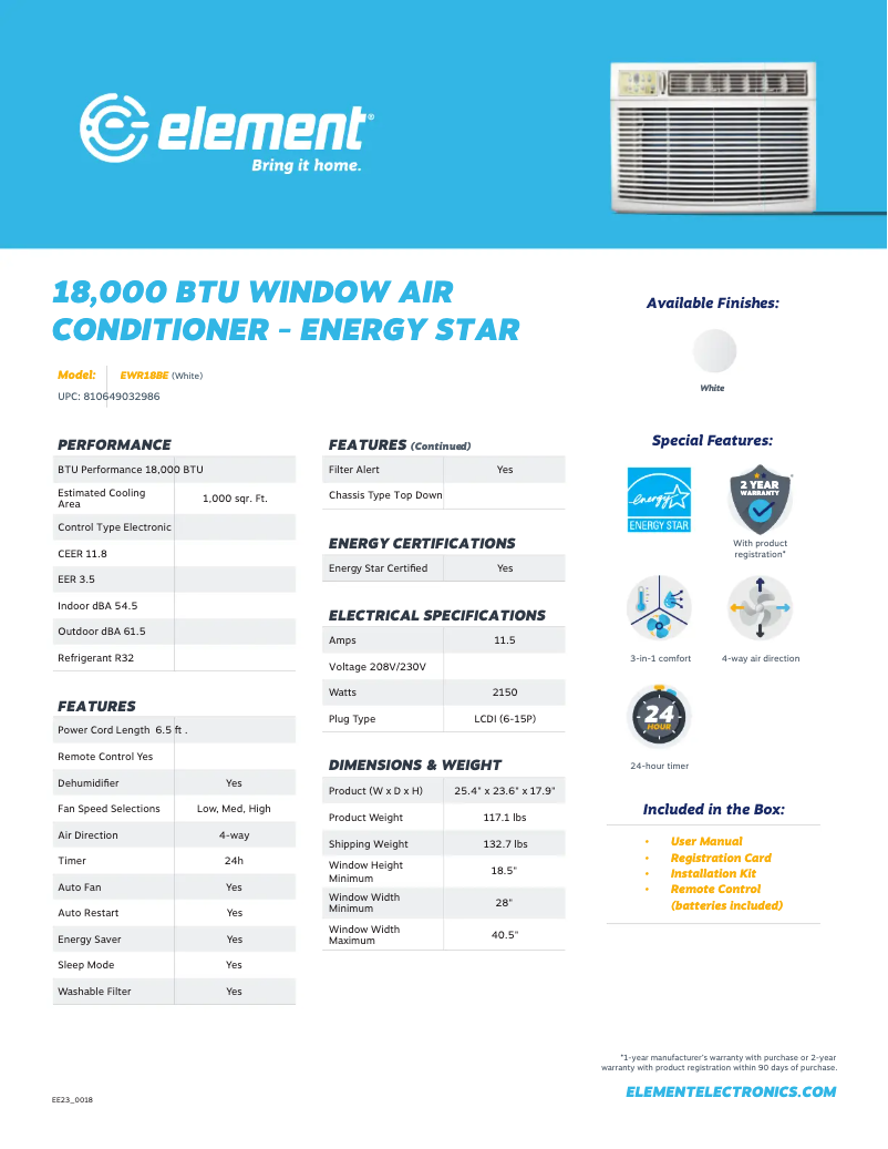 Page n°1 - Fiche technique Element EWR18BE