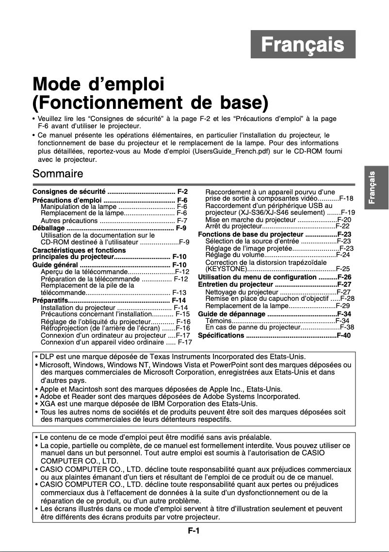 Page 1 de la notice Manuel utilisateur Casio XJ-S46