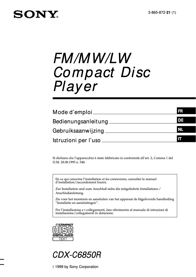 Page n°1 - Manuel utilisateur Sony CDX-C6850R