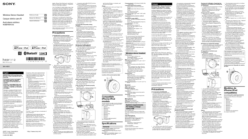 Page 1 de la notice Manuel utilisateur Sony WH-H800