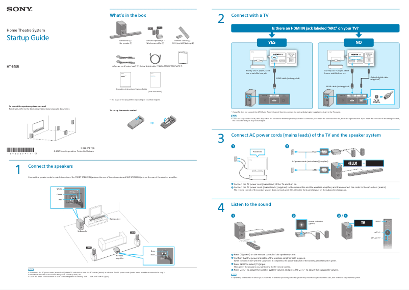 Page 1 de la notice Guide d'installation Sony HT-S40R