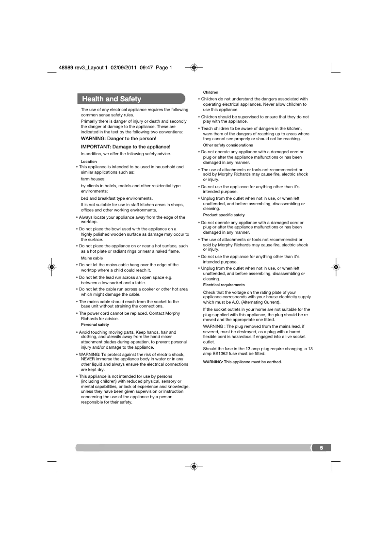 Page 1 de la notice Manuel utilisateur Morphy Richards 48989