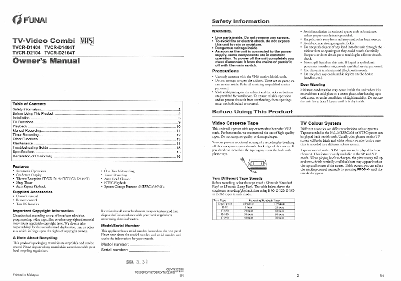 Page 1 de la notice Manuel utilisateur Funai TVCR-D1404