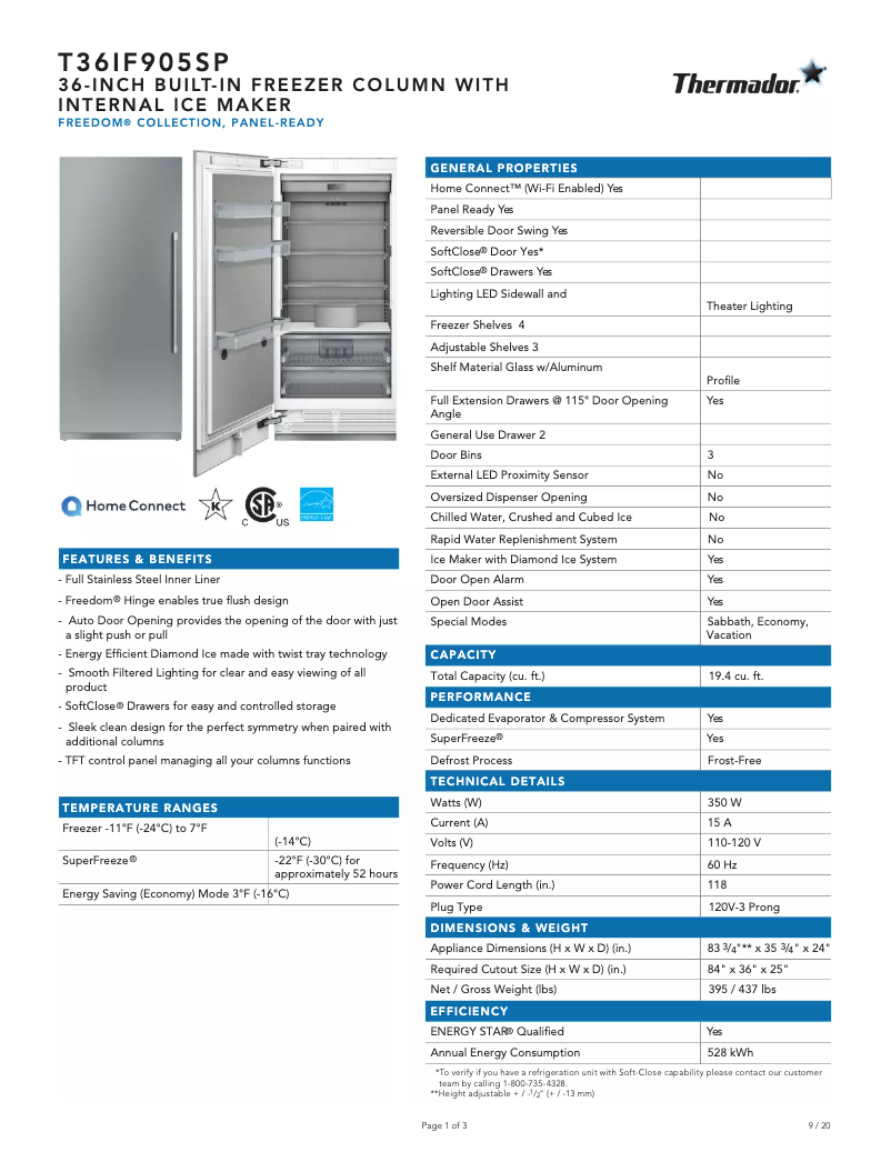 Page 1 de la notice Fiche technique Thermador T36IF905SP