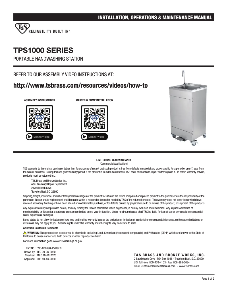 Page 1 de la notice Manuel utilisateur T&S TPS1010-B0520V5