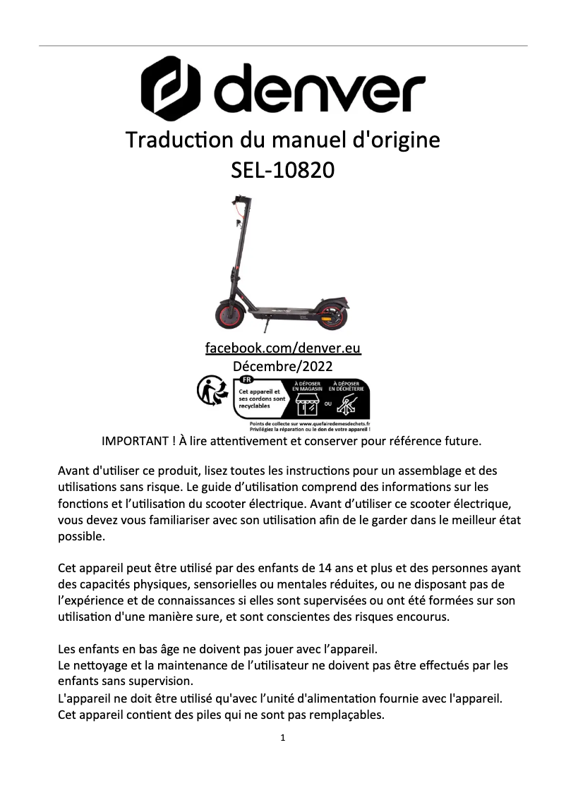 Page 1 of the manual User Manual Denver SEL-10820