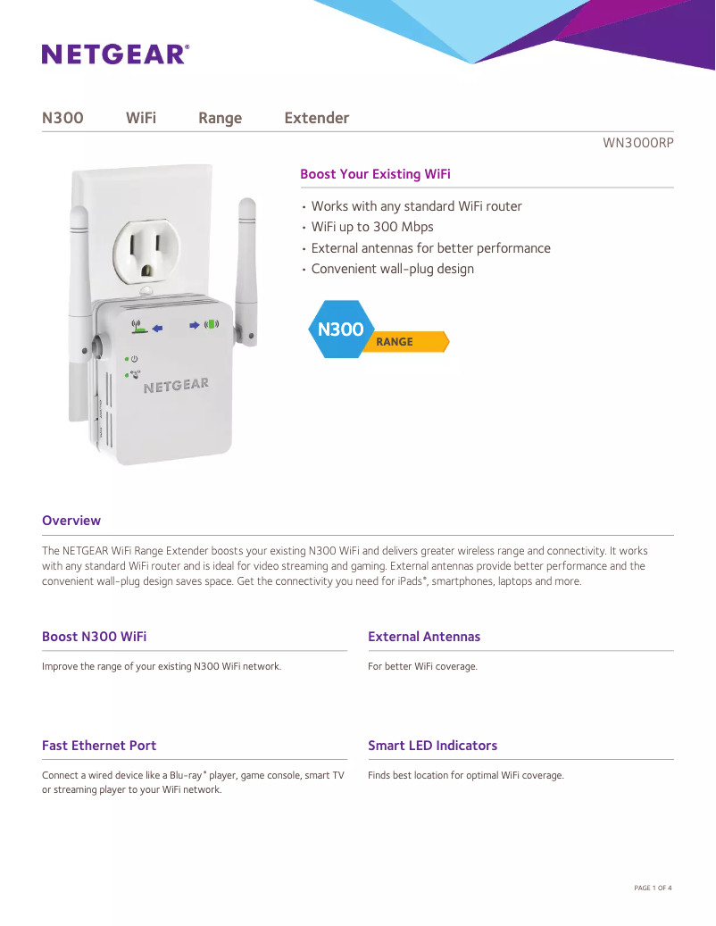 Page 1 de la notice Fiche technique Netgear WN3000RPv3