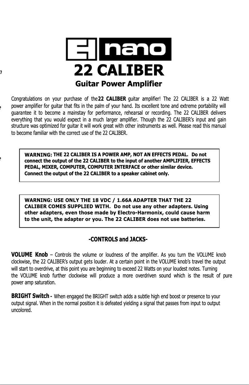 Page n°1 - Manuel utilisateur Electro Harmonix 22 Caliber
