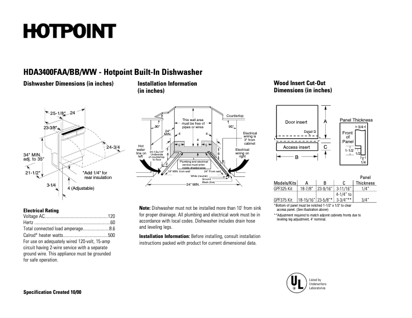 Page 1 de la notice Fiche technique Hotpoint HDA3400FBB