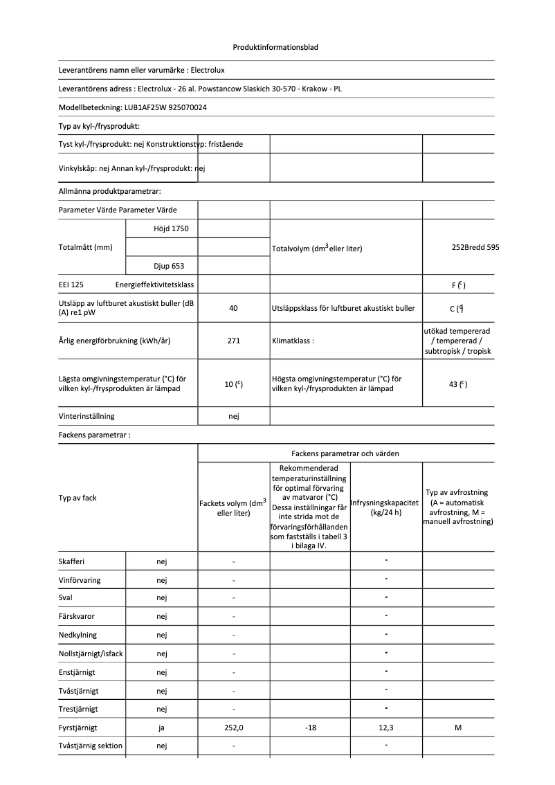 Page n°1 - Fiche technique Electrolux LUB1AF25W
